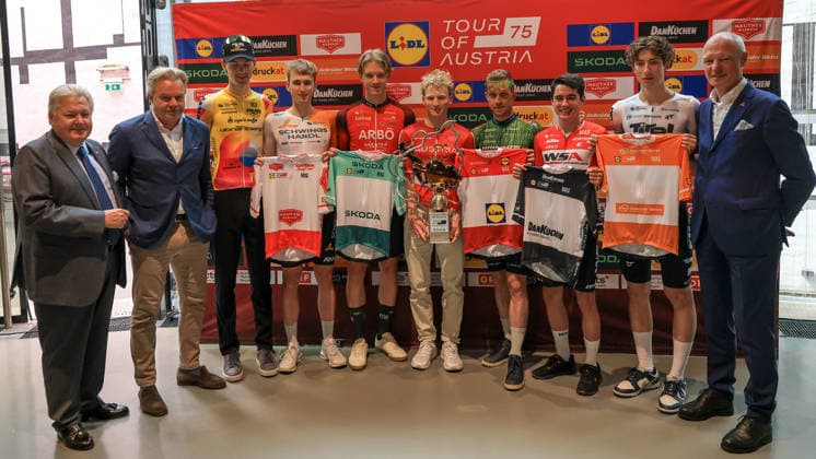 CYCLING - Tour of Austria GRAZ,AUSTRIA,13.APR.26 - CYCLING - Tour of Austria, presentation. Image shows president Harald J. Mayer (Cycling Austria), tournament director Thomas Pupp, athletes and president Gerald Pototschnig (LRV Steiermark).  GEPAxpictures xMarioxBuehner-Weinrauch