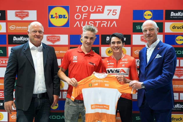 CYCLING - Tour of Austria GRAZ,AUSTRIA,13.APR.26 - CYCLING - Tour of Austria, presentation. Image shows sporting director Christoph Resl (RRT Graz), athletes and president Gerald Pototschnig (LRV Steiermark).  GEPAxpictures xMarioxBuehner-Weinrauch