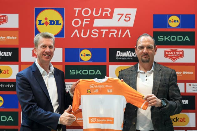 CYCLING - Tour of Austria GRAZ,AUSTRIA,13.APR.26 - CYCLING - Tour of Austria, presentation. Image shows Matthias Pelischek and Gerhard Haas (Gebrueder Weiss).  GEPAxpictures xMarioxBuehner-Weinrauch