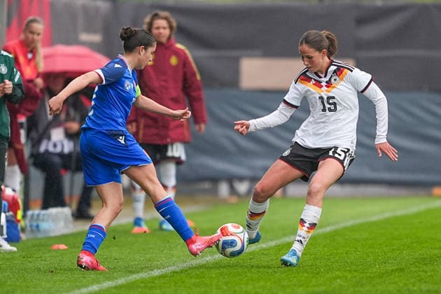13 04 2026, xydrx, Football, International, European Championship Qualification U19 Women, Germany Slovakia, IMS Arena Victoria Havalec SVK, 17 in duel against Maj Schneider GER, 15 DFB regulations prohibit any use of photographs as image sequences and or quasi video Copyright: HMBxMedia YannisxDreimann