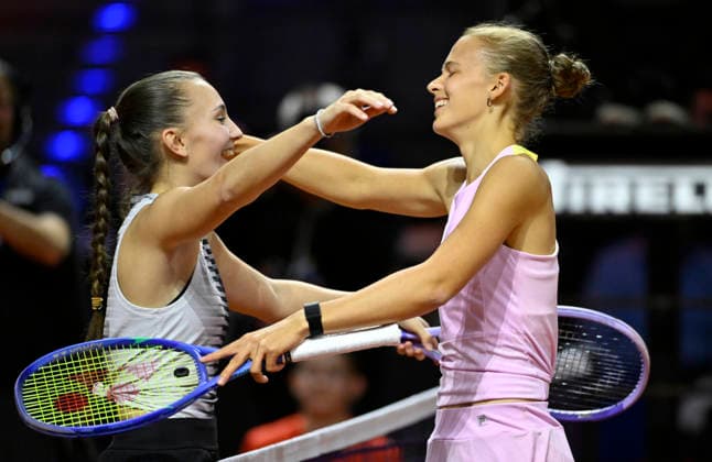 Eva Bennemann GER gestures hugs Julia Stusek GER after winning the Porsche One Point Challenge Tennis Womens Porsche Cup Porsche Tennis Grand Prix GP Stuttgart 2026 Porsche Arena 11 19 04 2026 DFL REGULATIONS PROHIBIT ANY USE OF PHOTOGRAPHS AS IMAGE SEQUENCES AND OR QUASI VIDEO Tennis Womens Porsche Cup Porsche Tennis Grand Prix GP Stuttgart 2026