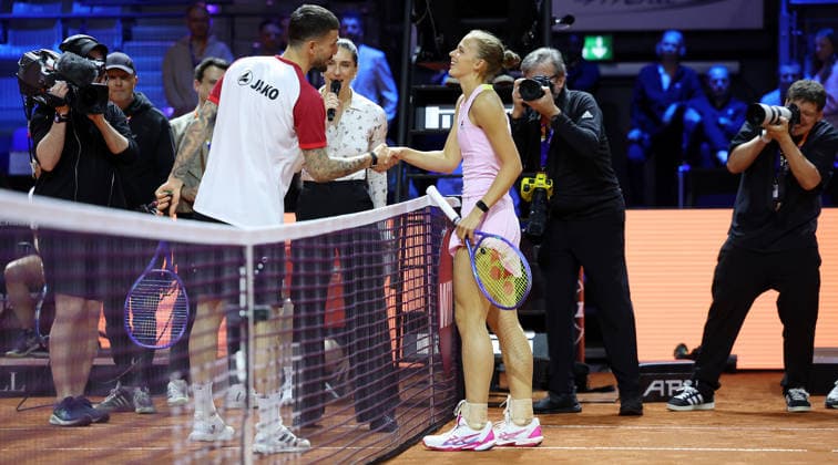 13 04 2026, Germany, Stuttgart, Tennis Porsche Tennis Grand Prix, Porsche One Point Challenge, f l Fabian Bredlow, Eva Bennemann GER