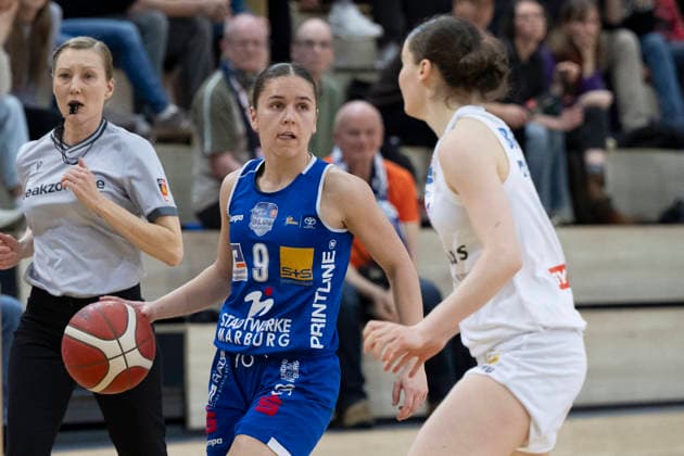 Toyota DBBL 2025 2026 Syntainics MBC vs BC Marburg Blue Dolphins Playoff Semifinal, Game 2 Halle Saale, Germany April 13, 2026 Pictured from left Marianna Byvatov Marburg and Nicole Brochlitz Halle Halle Saale swh Arena Sachsen Anhalt Germany