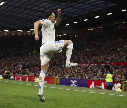 Manchester Utd v Leeds, FA Premier League 13.04.26 Manchester Utd v Leeds, FA Premier League Bradley Ormesher The Times Noah Okafor of Leeds United scores and celebrates scoring his teams opening goal of the match 0-1  Copyright: xBradleyxOrmesherx NINTCHDBPICT001073338186