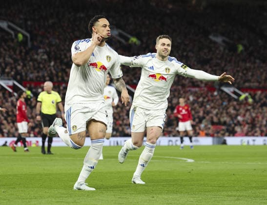 Manchester Utd v Leeds, FA Premier League 13.04.26 Manchester Utd v Leeds, FA Premier League Bradley Ormesher The Times Noah Okafor of Leeds United scores and celebrates scoring his teams opening goal of the match 0-1  Copyright: xBradleyxOrmesherx NINTCHDBPICT001073338500