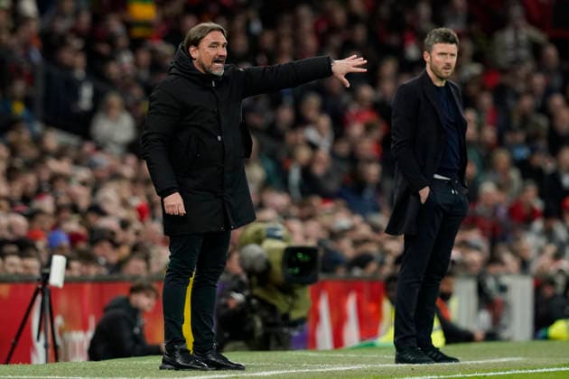 Manchester, England, 13th April 2026. Daniel Farke manager of Leeds United during the Manchester United, ManU vs Leeds United Premier League match at Old Trafford, Manchester. Picture credit should read: Andrew Yates Sportimage EDITORIAL USE ONLY. No use with unauthorised audio, video, data, fixture lists, club league logos or live services. Online in-match use limited to 120 images, no video emulation. No use in betting, games or single club league player publications. SPI_034_AY_Man_Utd_Leeds SPI-4684-0034