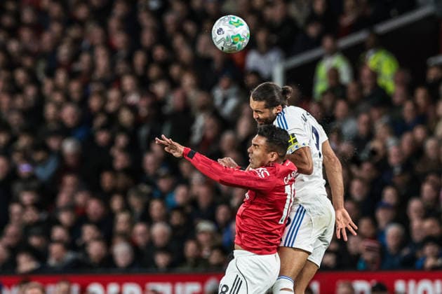 Premier League: Manchester United, ManU v Leeds United Dominic Calvert-Lewin of Leeds United jumps up to win the high ball from Casemiro of Manchester United during the Premier League match Manchester United vs Leeds United at Old Trafford, Manchester, United Kingdom on 13 April 2026 (Photo by Mark Cosgrove News Images) Manchester Old Trafford Greater Manchester United Kingdom Copyright: xMarkxCosgrove NewsxImagesx