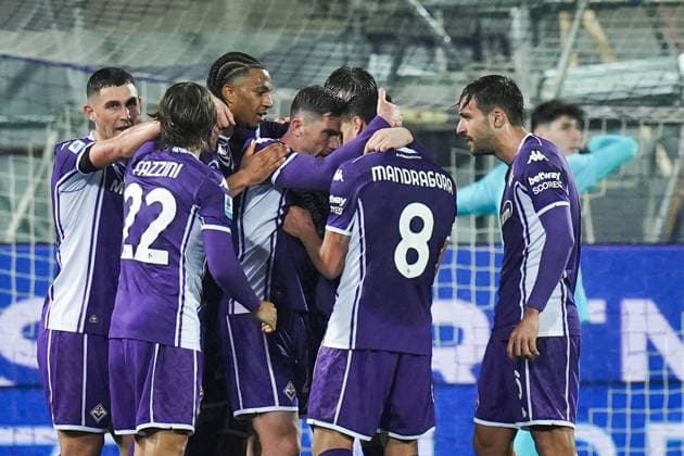 FiorentinaÕs Robin Everardus Gosens celebrates after scoring the 1-0 goal for his team during the Serie A soccer match between Fiorentina and Lazio at the Artemio Franchi Stadium in Florence, north Italy - Monday, April 13, 2026 -  Copyright: xMassimoxPaolone LaPressex