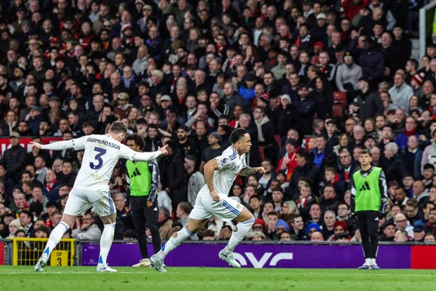 Premier League: Manchester United, ManU v Leeds United Noah Okafor of Leeds United celebrates his goal to make it 0-2 during the Premier League match Manchester United vs Leeds United at Old Trafford, Manchester, United Kingdom on 13 April 2026 (Photo by Mark Cosgrove News Images) Manchester Old Trafford Greater Manchester United Kingdom Copyright: xMarkxCosgrove NewsxImagesx
