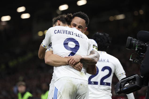 Manchester Utd v Leeds, FA Premier League 13.04.26 Manchester Utd v Leeds, FA Premier League Bradley Ormesher The Times Noah Okafor of Leeds United scores and celebrates scoring his teams 2nd goal  Copyright: xBradleyxOrmesherx NINTCHDBPICT001073341218