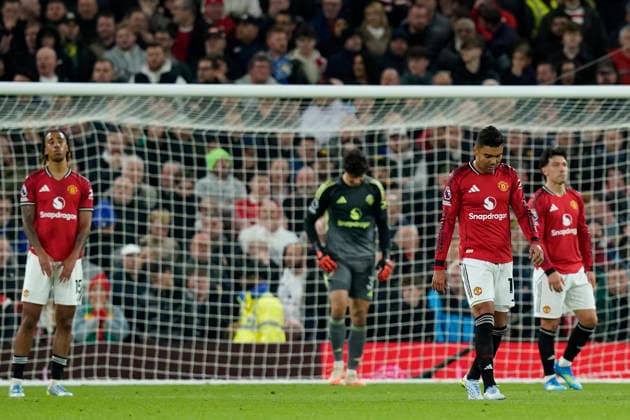 Manchester, England, 13th April 2026. Casemiro of Manchester United, ManU looks dejected after Noah Okafor of Leeds United scores to make it 2-0 during the Manchester United vs Leeds United Premier League match at Old Trafford, Manchester. Picture credit should read: Andrew Yates Sportimage EDITORIAL USE ONLY. No use with unauthorised audio, video, data, fixture lists, club league logos or live services. Online in-match use limited to 120 images, no video emulation. No use in betting, games or single club league player publications. SPI_044_AY_Man_Utd_Leeds SPI-4684-0044