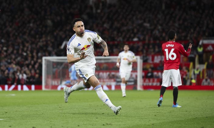 Manchester Utd v Leeds, FA Premier League 13.04.26 Manchester Utd v Leeds, FA Premier League Bradley Ormesher The Times Noah Okafor of Leeds United scores and celebrates scoring his teams 2nd goal  Copyright: xBradleyxOrmesherx NINTCHDBPICT001073341411