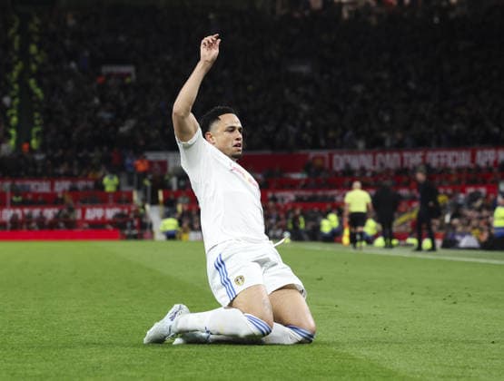 Manchester Utd v Leeds, FA Premier League 13.04.26 Manchester Utd v Leeds, FA Premier League Bradley Ormesher The Times Noah Okafor of Leeds United scores and celebrates scoring his teams 2nd goal  Copyright: xBradleyxOrmesherx NINTCHDBPICT001073341417