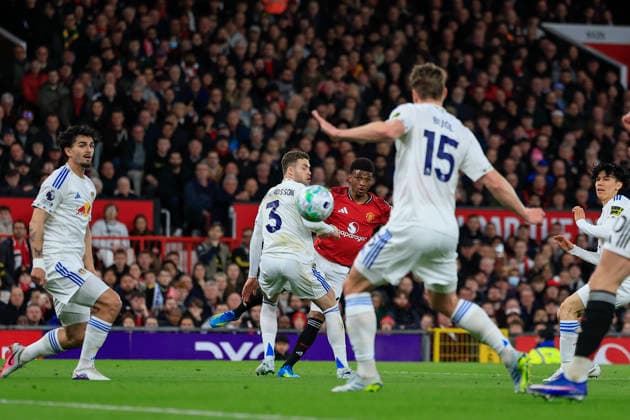 Manchester United, ManU v Leeds United, Premier League Amad Diallo (16) of Manchester United has a shot on goal during the Premier League match between Manchester United and Leeds United at Old Trafford, Manchester, UK on 13 April 2026. Manchester Old Trafford Greater Manchester UK Editorial use only DataCo restrictions apply See www.football-dataco.com , Copyright: xConorxMolloyx PSI-24063-0062