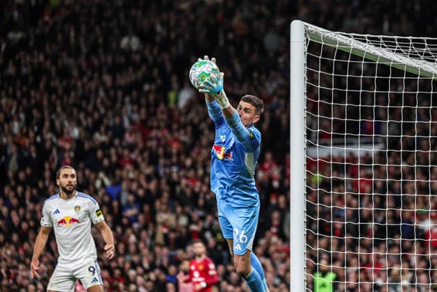Premier League: Manchester United, ManU v Leeds United Leeds United goalkeeper Karl Darlow makes a save during the Premier League match Manchester United vs Leeds United at Old Trafford, Manchester, United Kingdom on 13 April 2026 (Photo by Mark Cosgrove News Images) Manchester Old Trafford Greater Manchester United Kingdom Copyright: xMarkxCosgrove NewsxImagesx
