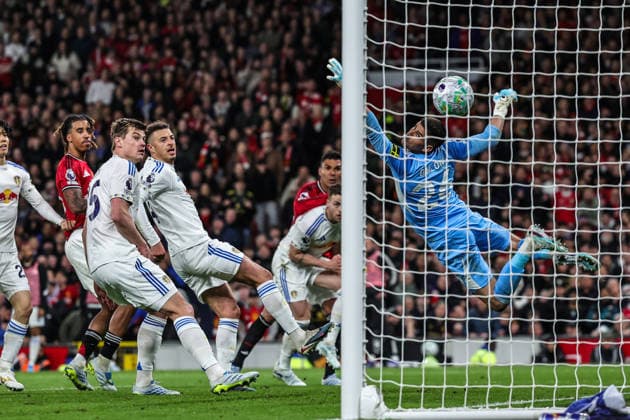Premier League: Manchester United, ManU v Leeds United Leeds United goalkeeper Karl Darlow watches as Casemiro of Manchester United scores to make it 1-2 during the Premier League match Manchester United vs Leeds United at Old Trafford, Manchester, United Kingdom on 13 April 2026 (Photo by Mark Cosgrove News Images) Manchester Old Trafford Greater Manchester United Kingdom Copyright: xMarkxCosgrove NewsxImagesx
