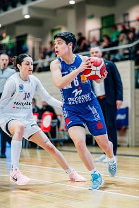 BB 1BL Women Syntainics MBC Lions BC Pharmaserv Marburg Ana Raimundo BC Pharmaserv Marburg during the 2025 2026 season in the semi-final playoff in game 2 of 5 in the DBBL Toyota Bundesliga Syntainics MBC Lions and BC Pharmaserv Marburg at the SWH Arena on April 13, 2026 in Halle Saale, Sachsen Anhalt, Germany