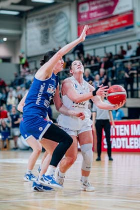 BB 1BL Women Syntainics MBC Lions BC Pharmaserv Marburg Anna Suckstorff GISA Lions MBC , Mia Heide BC Pharmaserv Marburg during the 2025 2026 season in the semi-final playoff in game 2 of 5 in the DBBL Toyota Bundesliga Syntainics MBC Lions and BC Pharmaserv Marburg at SWH Arena on April 13, 2026 in Halle Saale, Sachsen Anhalt, Germany