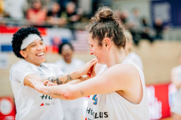BB 1BL Women Syntainics MBC Lions BC Pharmaserv Marburg Romy Bär GISA Lions MBC , Liz Smith GISA Lions MBC during the 2025 2026 season in the semi-final playoff in game 2 of 5 in the DBBL Toyota Bundesliga Syntainics MBC Lions and BC Pharmaserv Marburg at SWH Arena on April 13, 2026 in Halle Saale, Sachsen Anhalt, Germany