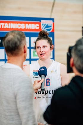 BB 1BL Women Syntainics MBC Lions BC Pharmaserv Marburg Romy Bär GISA Lions MBC during the 2025 2026 season in the semi-final playoff in game 2 of 5 in the DBBL Toyota Bundesliga Syntainics MBC Lions and BC Pharmaserv Marburg at the SWH Arena on April 13, 2026 in Halle Saale, Sachsen Anhalt, Germany