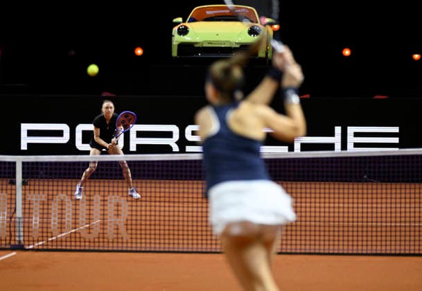 Karolina Muchova CZE right against Aliaksandra Sasnovich Alyaksandra Sasnovich BLR left behind Winning car Porsche 911 Carrera S Cabriolet Tennis Ladies Porsche Cup Porsche Tennis Grand Prix GP Stuttgart 2026 Porsche Arena 11 19 04 2026 DFL REGULATIONS PROHIBIT ANY USE OF PHOTOGRAPHS AS IMAGE SEQUENCES AND OR QUASI VIDEO Tennis Ladies Porsche Cup Porsche Tennis Grand Prix GP Stuttgart 2026
