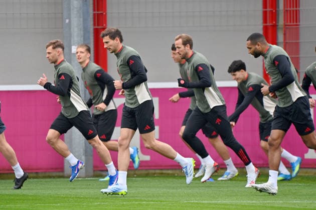 Joshua KIMMICH Bayern Muenchen ,Leon GORETZKA Bayern Muenchen ,Harry KANE Bayern Muenchen ,Jonathan TAH Bayern Muenchen Final training on 14 04 2026 Soccer Champions League,Season 2025 26, Quarterfinals FC Bayern Muenchen Real Madrid on 15 04 2026 A L L I A N Z A R E N A Â