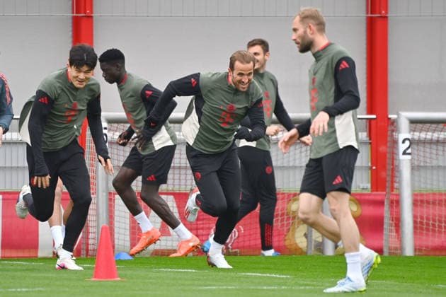 Konrad LAIMER Bayern Muenchen , Harry KANE Bayern Muenchen ,Minjae KIM FC Bayern Muenchen , Final training on 14 04 2026 Soccer Champions League,Season 2025 26, Quarterfinal FC Bayern Muenchen Real Madrid on 15 04 2026 A L L I A N Z A R E N A Â