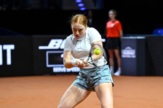 Ella Seidel Germany controls the Ball against Elise Mertens Belgium during day two of the Porsche Tennis Grand Prix 2026 at Porsche Arena on April 14, 2026 in Stuttgart, Germany Photo by Harry Langer DeFodi Images