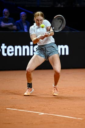 Ella Seidel Germany controls the Ball against Elise Mertens Belgium during day two of the Porsche Tennis Grand Prix 2026 at Porsche Arena on April 14, 2026 in Stuttgart, Germany Photo by Harry Langer DeFodi Images