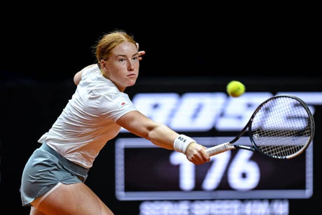 Ella Seidel Germany controls the Ball against Elise Mertens Belgium during day two of the Porsche Tennis Grand Prix 2026 at Porsche Arena on April 14, 2026 in Stuttgart, Germany Photo by Harry Langer DeFodi Images