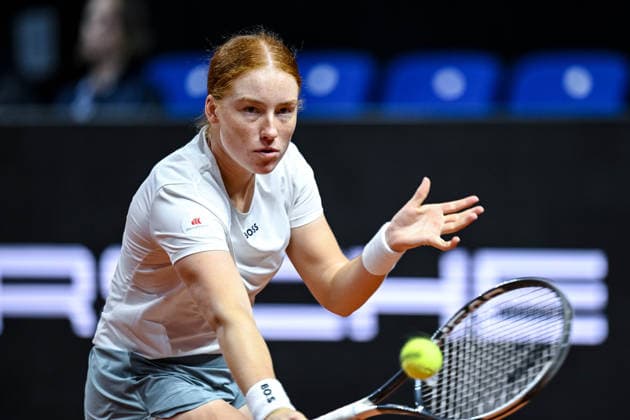 Ella Seidel Germany controls the Ball against Elise Mertens Belgium during day two of the Porsche Tennis Grand Prix 2026 at Porsche Arena on April 14, 2026 in Stuttgart, Germany Photo by Harry Langer DeFodi Images