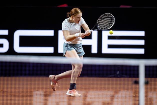 Ella Seidel Germany controls the Ball against Elise Mertens Belgium during day two of the Porsche Tennis Grand Prix 2026 at Porsche Arena on April 14, 2026 in Stuttgart, Germany Photo by Harry Langer DeFodi Images