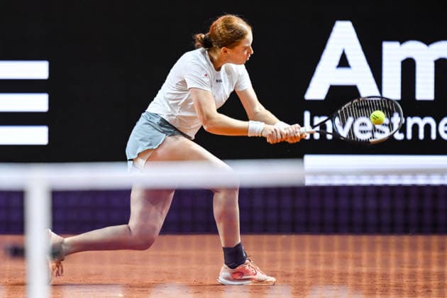 Ella Seidel Germany controls the Ball against Elise Mertens Belgium during day two of the Porsche Tennis Grand Prix 2026 at Porsche Arena on April 14, 2026 in Stuttgart, Germany Photo by Harry Langer DeFodi Images