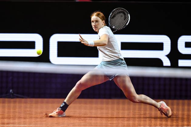 Ella Seidel Germany controls the Ball against Elise Mertens Belgium during day two of the Porsche Tennis Grand Prix 2026 at Porsche Arena on April 14, 2026 in Stuttgart, Germany Photo by Harry Langer DeFodi Images