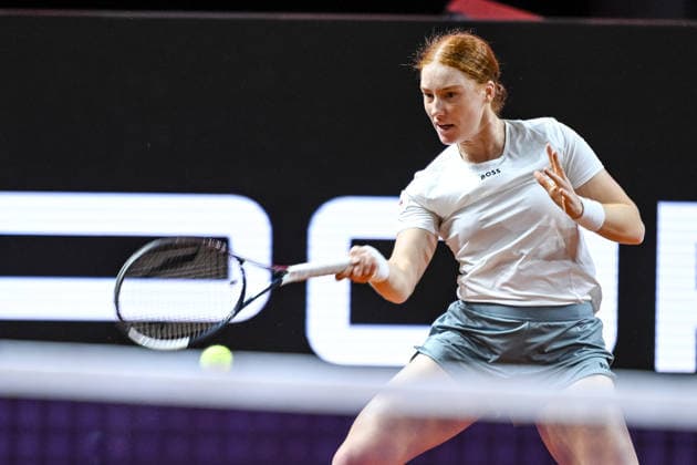Ella Seidel Germany controls the Ball against Elise Mertens Belgium during day two of the Porsche Tennis Grand Prix 2026 at Porsche Arena on April 14, 2026 in Stuttgart, Germany Photo by Harry Langer DeFodi Images