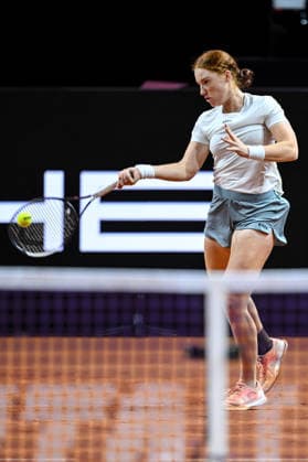 Ella Seidel Germany controls the Ball against Elise Mertens Belgium during day two of the Porsche Tennis Grand Prix 2026 at Porsche Arena on April 14, 2026 in Stuttgart, Germany Photo by Harry Langer DeFodi Images