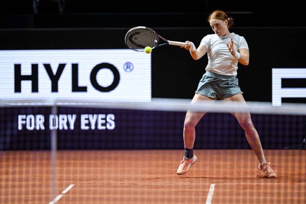 Ella Seidel Germany controls the Ball against Elise Mertens Belgium during day two of the Porsche Tennis Grand Prix 2026 at Porsche Arena on April 14, 2026 in Stuttgart, Germany Photo by Harry Langer DeFodi Images