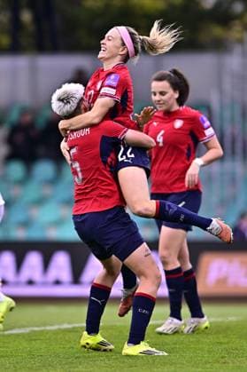 L-R Aneta Polaskova and Franny Cerna (both Czechia) celebrate a goal during the European qualifying part for 2027 Women s Football World Cup match, group B1: Czechia vs Montenegro, in Chomutov, Czech Republic, on April 14, 2026. (CTKxPhoto OndrejxHajek) CTKPhotoP2026041407370  CTKPhotoP2026041407370