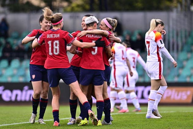 Czech players celebrate a goal during the European qualifying part for 2027 Women s Football World Cup match, group B1: Czechia vs Montenegro, in Chomutov, Czech Republic, on April 14, 2026. (CTKxPhoto OndrejxHajek) CTKPhotoP2026041407373  CTKPhotoP2026041407373