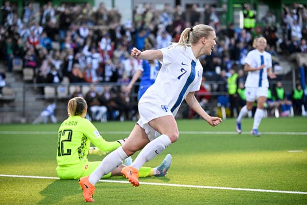 LKS 20260414 Adelina Engman of Finland celebrates after scoring the team s second goal past goalkeeper Maria Korenciova of Slovakia during the UEFA Women s football World Cup League B Group B3 qualification match between Finland and Slovakia in Helsinki, Finland on April 14, 2026. - MARKKU ULANDER Helsinki Finland VwaDBDcoTCw  Copyright: xMarkkuxUlanderx VwaDBDcoTCw