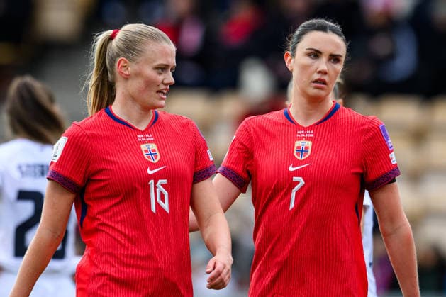 260414 Mathilde Harviken and Ingrid Syrstad Engen of Norway during the FIFA Women s World Cup Qualifier football match between Norway and Slovenia on April 14, 2026 in Lillestrom Photo Vegard Grott BILDBYRAN kod VG VG0919 bbeng fotball soccer football fotboll fifa world cup qualifiers vm kvalifisering kvinner vm kvalik landskamp dam norge norway slovenien slovenia  Copyright: VEGARDxGRoTT BB260414VG015