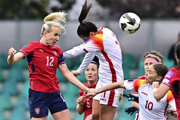L-R Klara Cahynova (czechia), Armisa Kuc (Montenegro) and Jelena Karlicic (Montenegro) in action during the European qualifying part for 2027 Women s Football World Cup match, group B1: Czechia vs Montenegro, in Chomutov, Czech Republic, on April 14, 2026. (CTKxPhoto OndrejxHajek) CTKPhotoP2026041407515  CTKPhotoP2026041407515