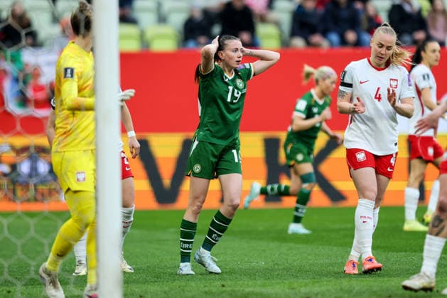 2027 FIFA Women s World Cup European Qualifiers, Polsat Plus Arena, Gdansk, Poland 14 4 2026 Poland vs Republic of Ireland WNT Ireland s Abbie Larkin reacts to a missed chance Abbie Larkin reacts to a missed chance 14 4 2026  Copyright: x INPHO RyanxByrnex RB1_2951