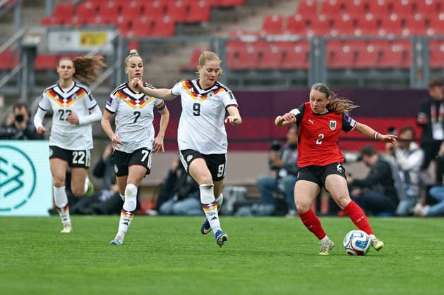 14 04 2026, xovx, Soccer Women World Cup Qualification, Germany Austria v l Jule Brand Germany , Giulia Gwinn Germany , Sjoeke Nüsken Germany , Chiara D Angelo Austria Nuremberg Max Morlock Stadion Bayern Germany DE
