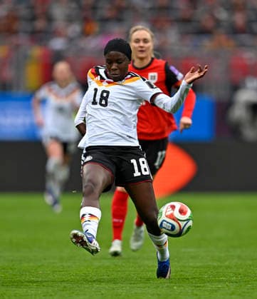 14 04 2026, World Cup Qualification Europe, Women 2026, Matchday 3, Germany Austria, at Max Morlock Stadium Nuremberg, Nicole Anyomi Germany vs Sarah Puntigam Austria