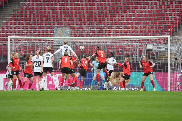 Header Rebecca Knaak Germany in front of Nicole Anyomi Germanys goal for 1 0 Nuremberg 14 04 2026 Germany vs Austria, Max Morlock Stadium, Womens World Cup Qualification