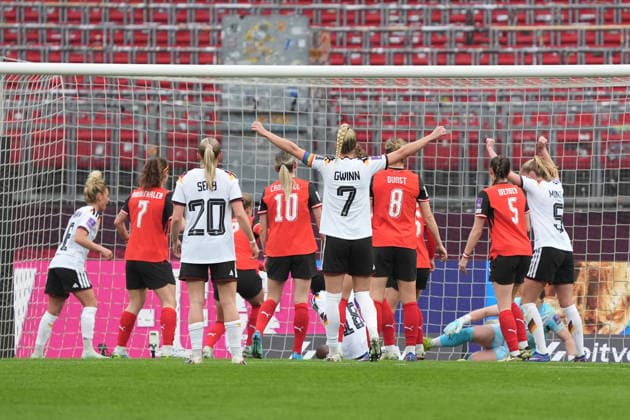 Header Rebecca Knaak Germany in front of the goal by Nicole Anyomi Germany to 1 0, Giulia Gwinn Germany cheers Nuremberg 14 04 2026 Germany vs Austria, Max Morlock Stadium, Womens World Cup Qualification