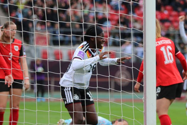 14 04 2026 Soccer Women 2025 2026 World Cup Qualification Europe 3 Matchday Germany Austria Max Morlock Stadium Nuremberg Nicole Anyomi Germany, 18, white after her goal to make it 1 0 Nuremberg Bayern Germany