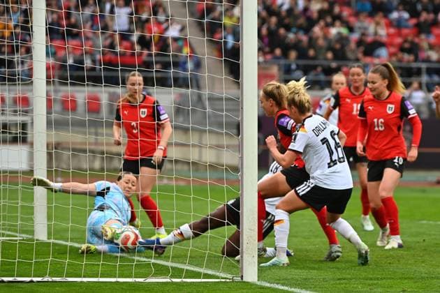 Goal Nicole ANYOMI GER to 1 0, action, penalty area scene against goalkeeper Mariella EL SHERIF AUT Soccer World Cup Qualification Women Germany Austria on 14 04 2026 Max Morlock Stadium Nuremberg Â