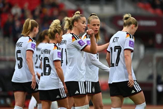 collective goal celebration,cheering,joy,enthusiasm,action,Giulia GWINN GER , Soccer World Cup Qualification Women Germany Austria on 14 04 2026 Max Morlock Stadium Nuremberg Â